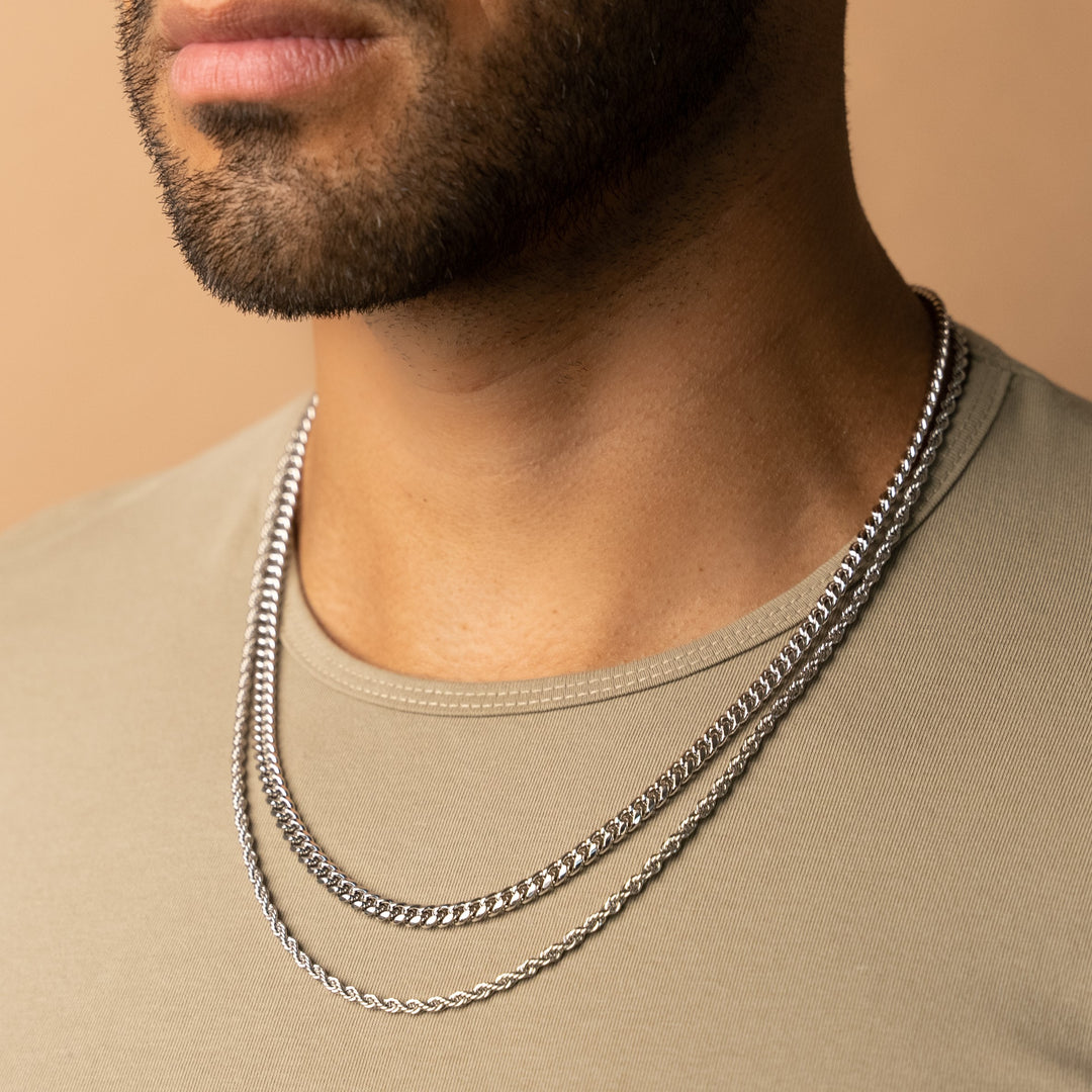 5 mm kubanisches Glied + 3 mm Kordelkette in Weißgold
