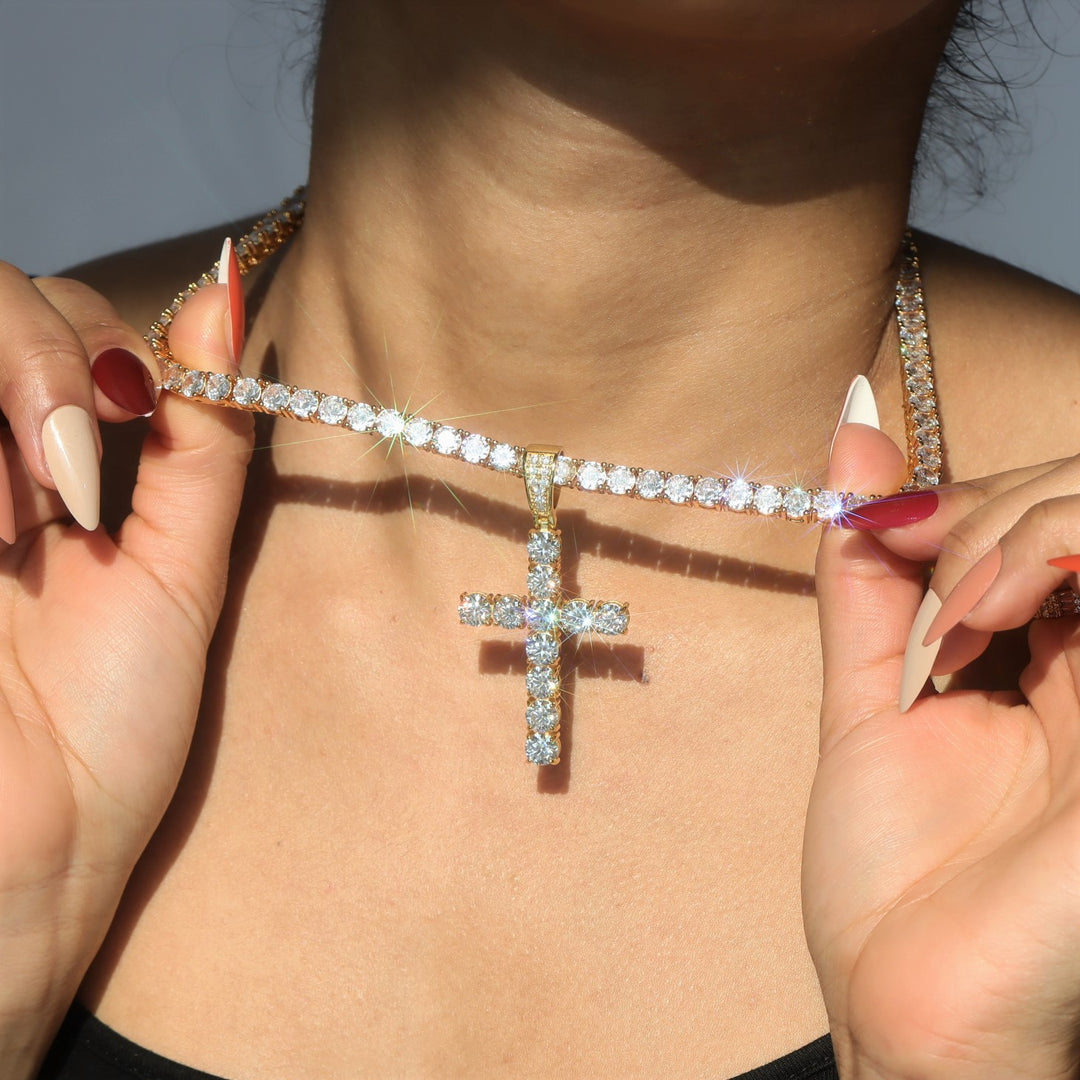 Women's Gold Diamond Cross Pendant + 5mm Tennis Chain