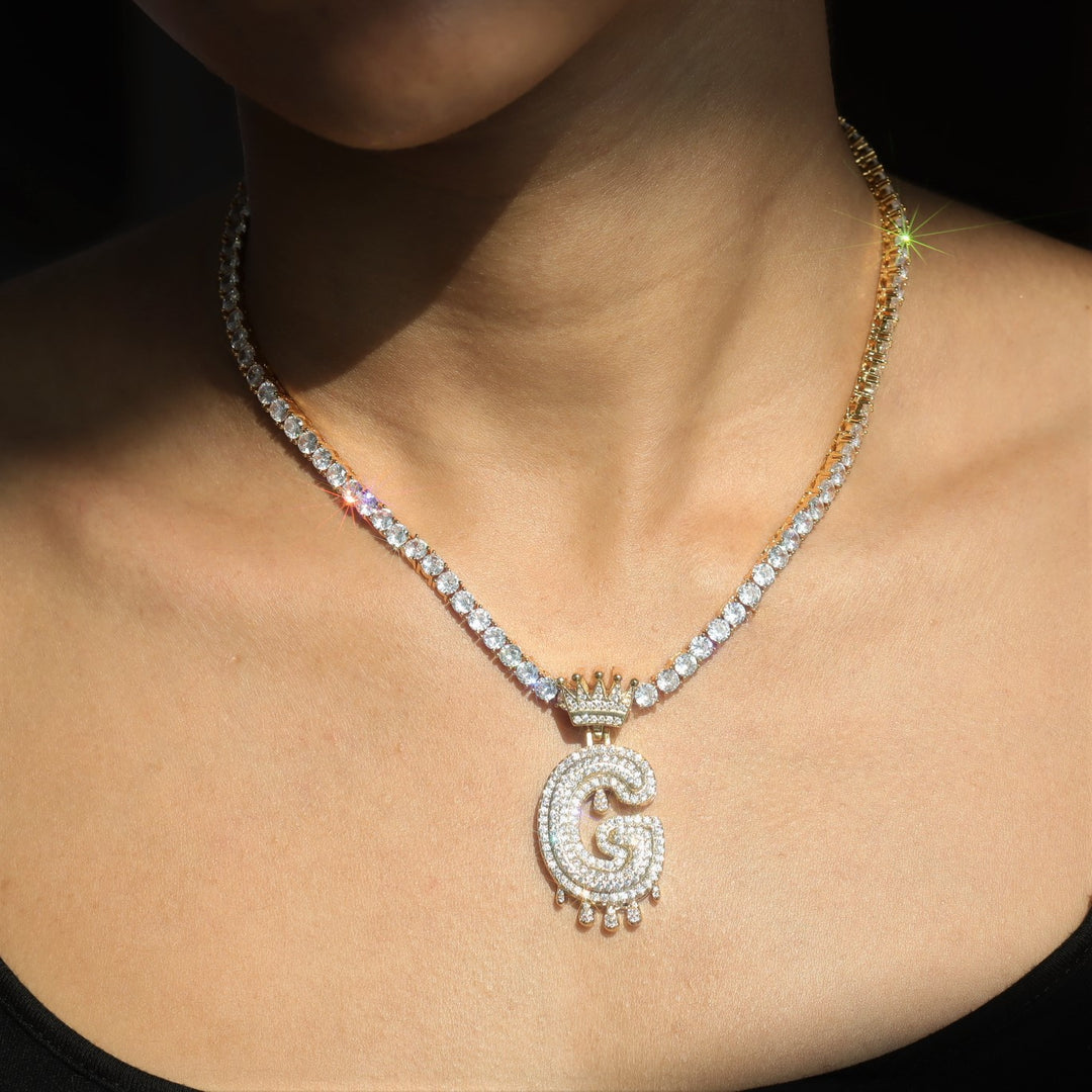 Women's Crown Dripping Initial Pendant Necklace