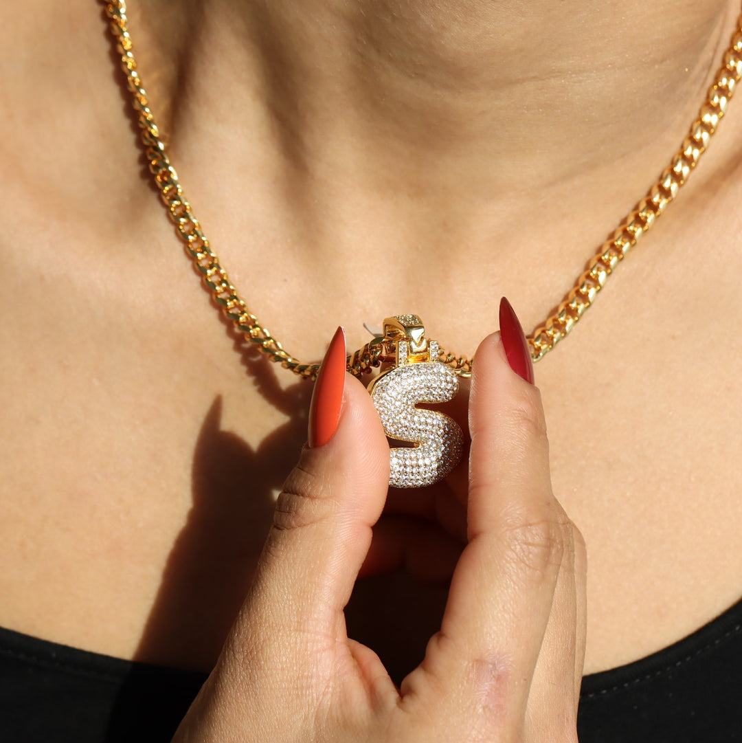 Women's Diamond Bubble Letter Pendant with 5mm Cuban Link
