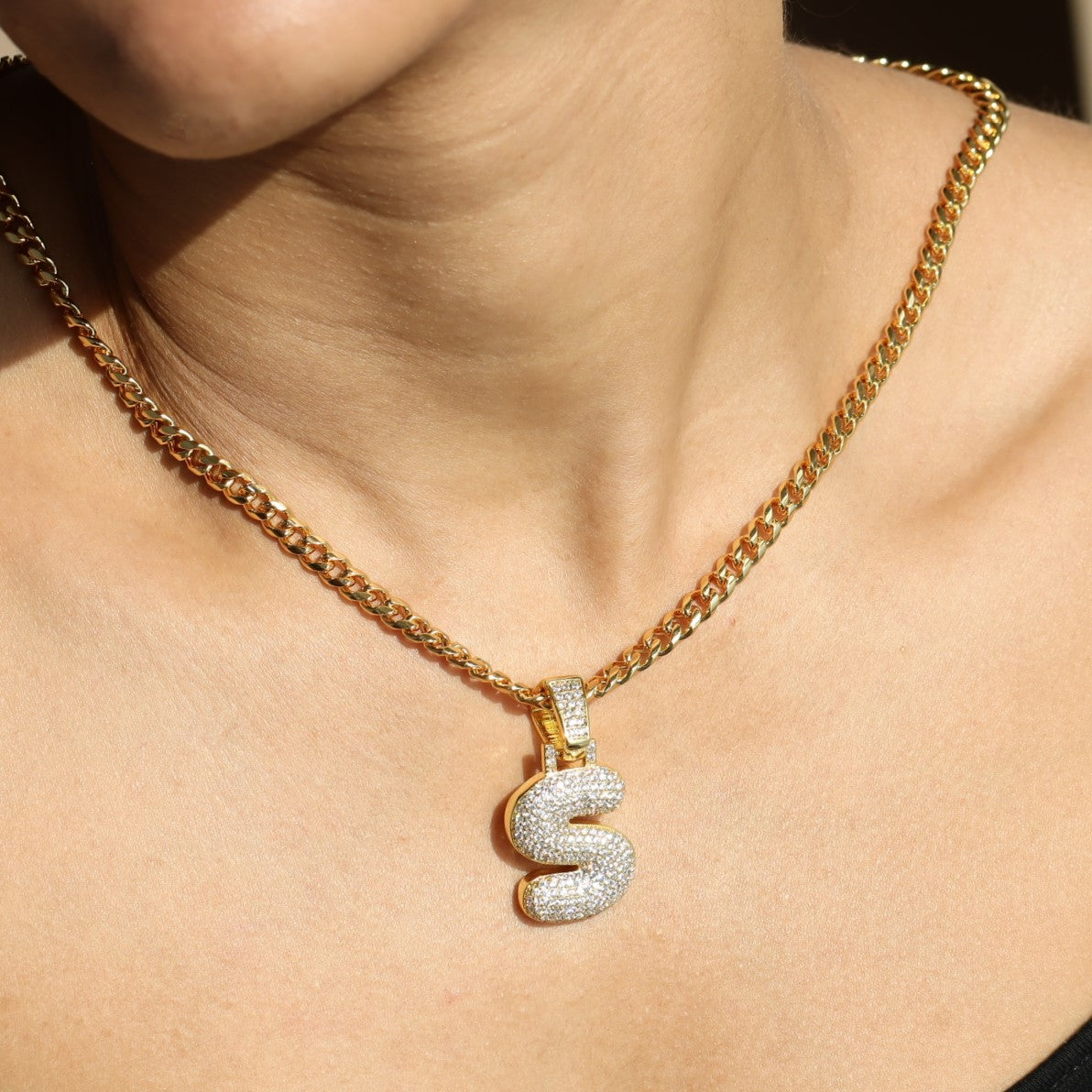 Women's Diamond Bubble Letter Pendant with 5mm Cuban Link GHETLUXE