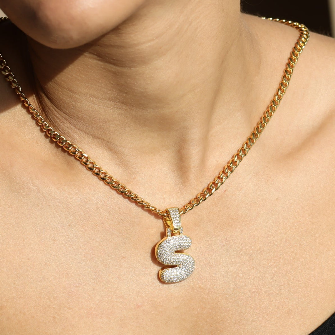 Women's Diamond Bubble Letter Pendant with 5mm Cuban Link