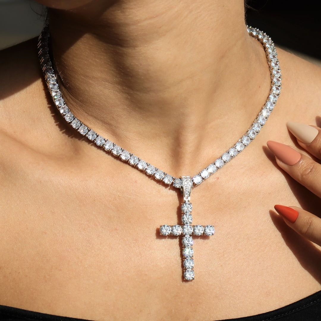 Women's White Gold Diamond Cross + 4mm Tennis chain Bundle