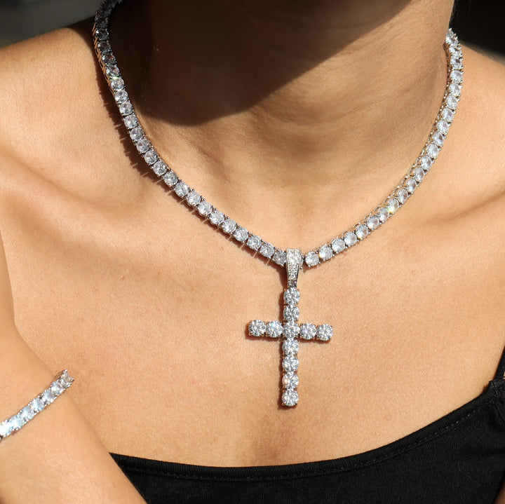 Women's White Gold Diamond Cross + 4mm Tennis chain Bundle