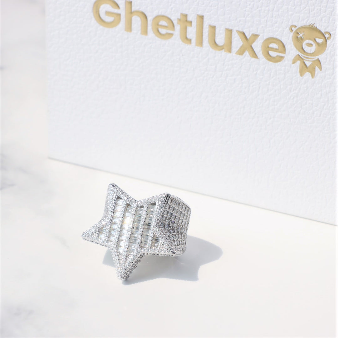 Moissanite Baguette Star Ring in Sterling Silver
