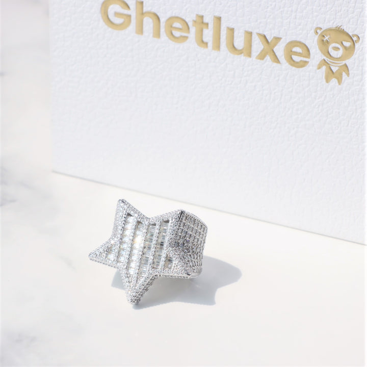 Moissanite Baguette Star Ring in Sterling Silver