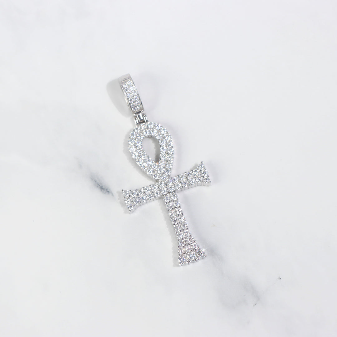 Moissanite Ankh Key Pendant in White Vermeil