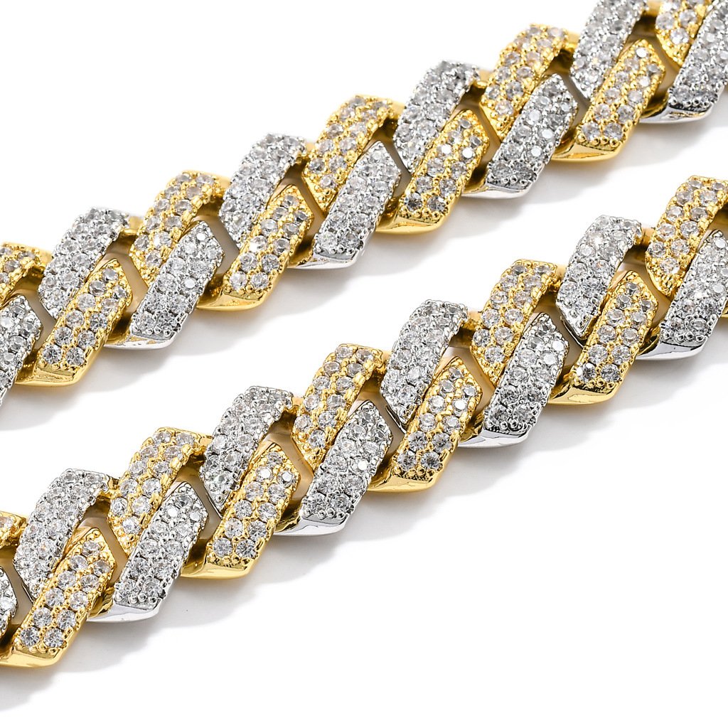 Two-Tone Iced Prong Cuban Link Bracelet in Gold and White Gold Plating