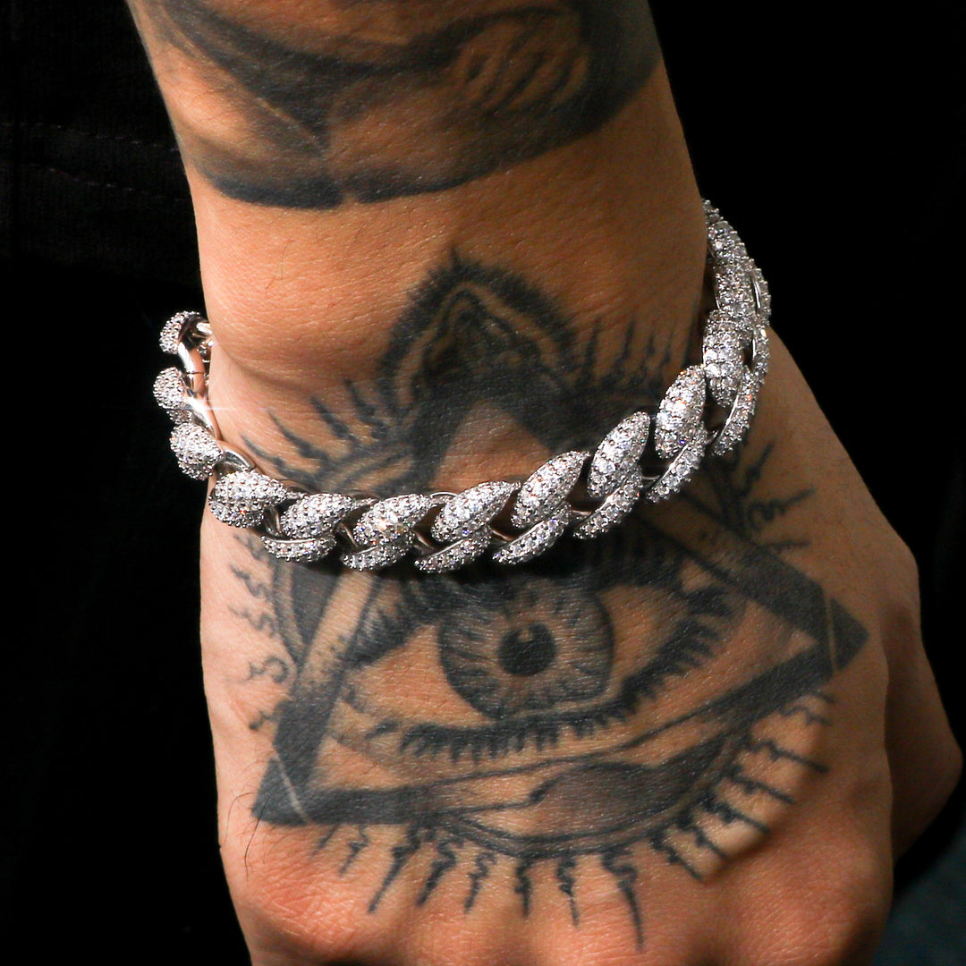 12mm Micro-inlay 3D Iced Cuban Link Bracelet in White Gold Plating