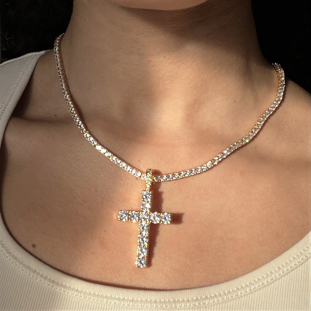 Women's 18K Gold Diamond Cross + 3mm Tennis chain bundle