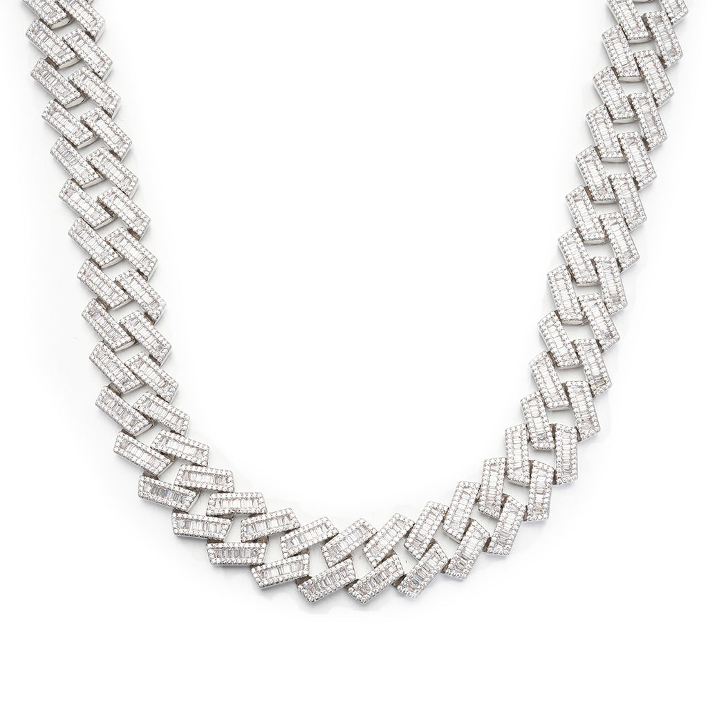 17mm Baguette Diamond Cuban Link Chain in White Gold
