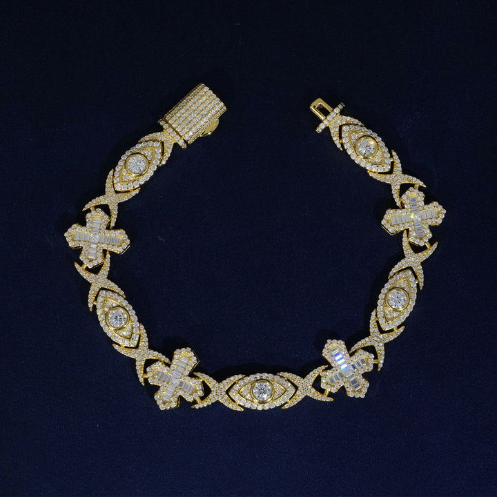 14MM Moissanite Baguette Cross Evil Eyes Bracelet