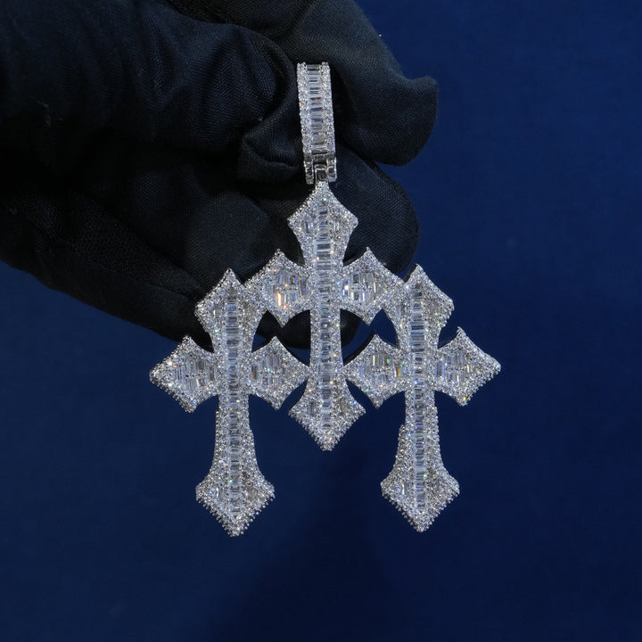 Moissanite Baguette Triple Cross Pendant