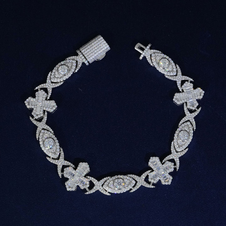 14MM Moissanite Baguette Cross Evil Eyes Bracelet