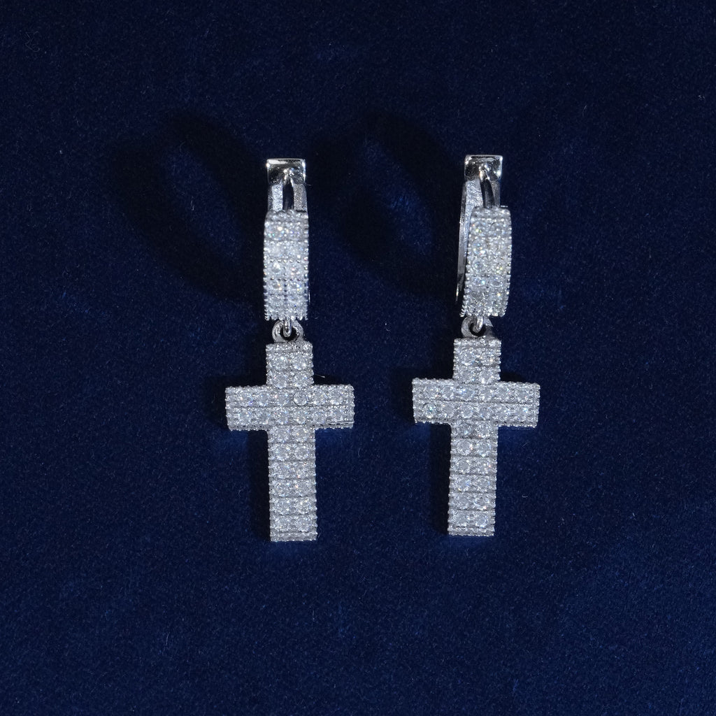 【HYERES LOR】Essence Moissanite Cross One-Touch Earrings Moissanite Minimal Cross Drop Earrings – GHETLUXE