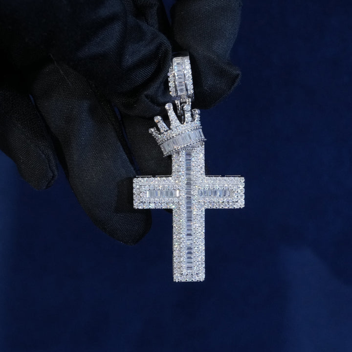 Moissanite Crown Cross Baguette Pendant