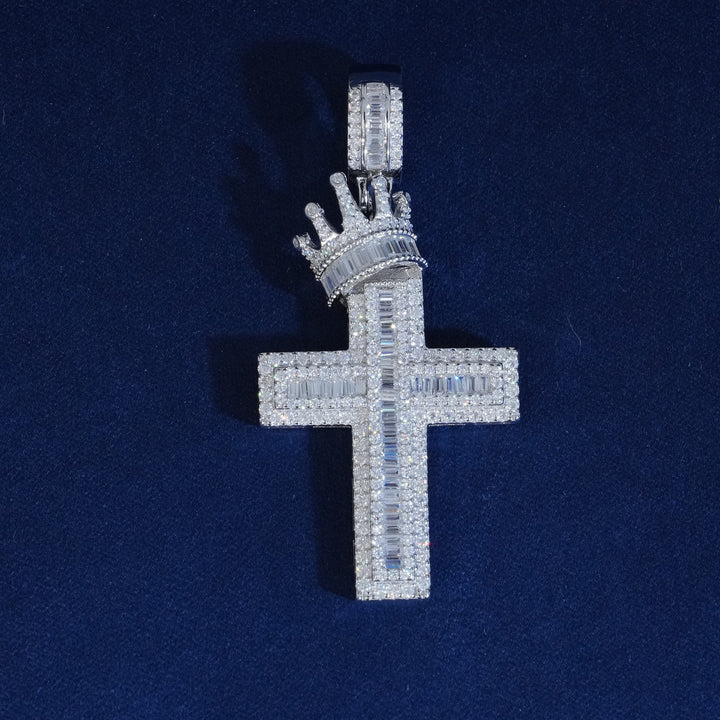 Moissanite Crown Cross Baguette Pendant