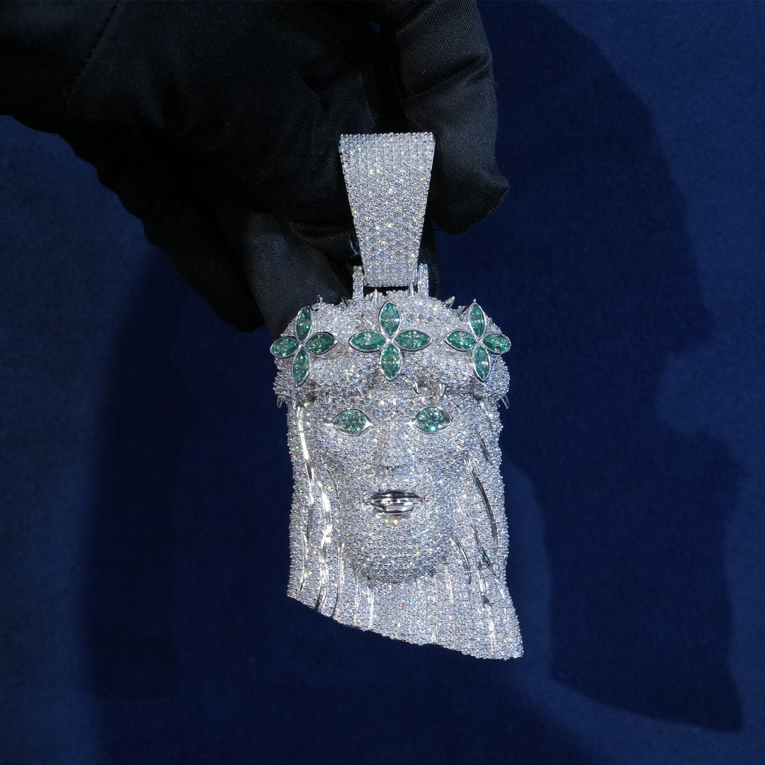 Green Wreath Moissanite Solid Back Jesus Pendant