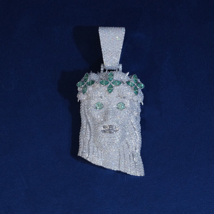 Green Wreath Moissanite Solid Back Jesus Pendant