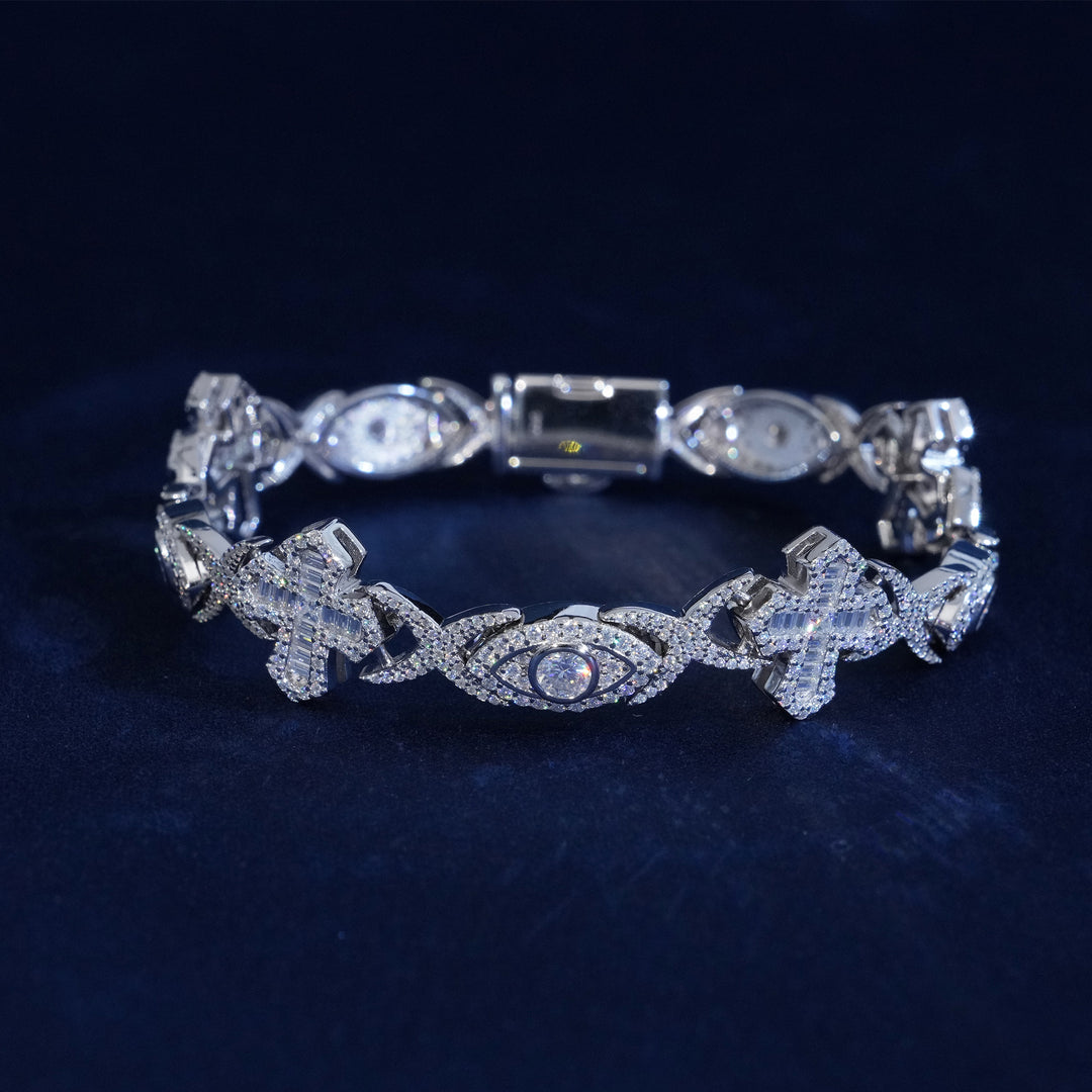 14MM Moissanite Baguette Cross Evil Eyes Bracelet