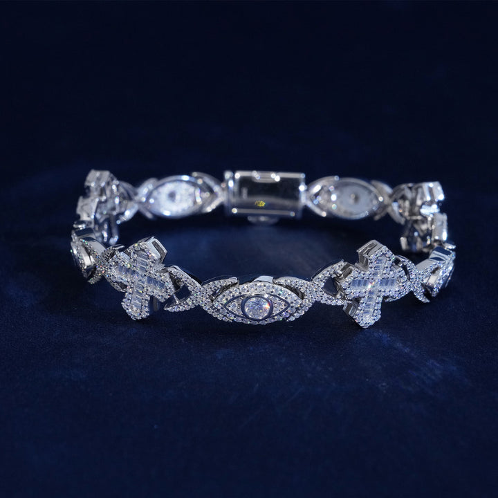14MM Moissanite Baguette Cross Evil Eyes Bracelet