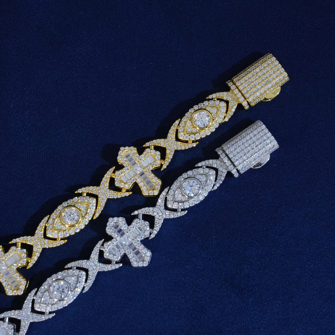 14MM Moissanite Baguette Cross Evil Eyes Bracelet