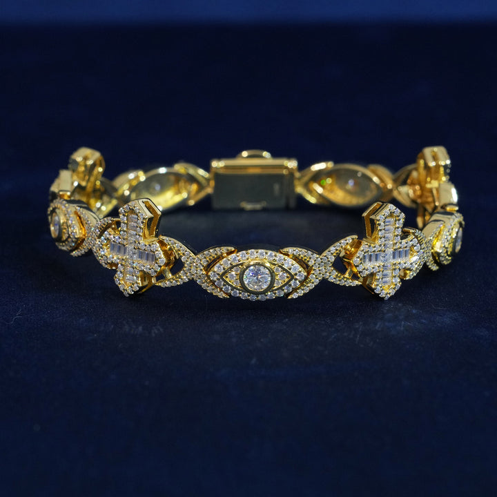 14MM Moissanite Baguette Cross Evil Eyes Bracelet