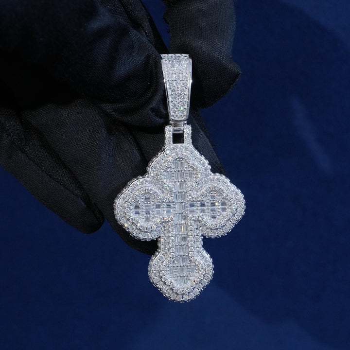 Bauguette Moissanite Emerald Cut Cross Pendant