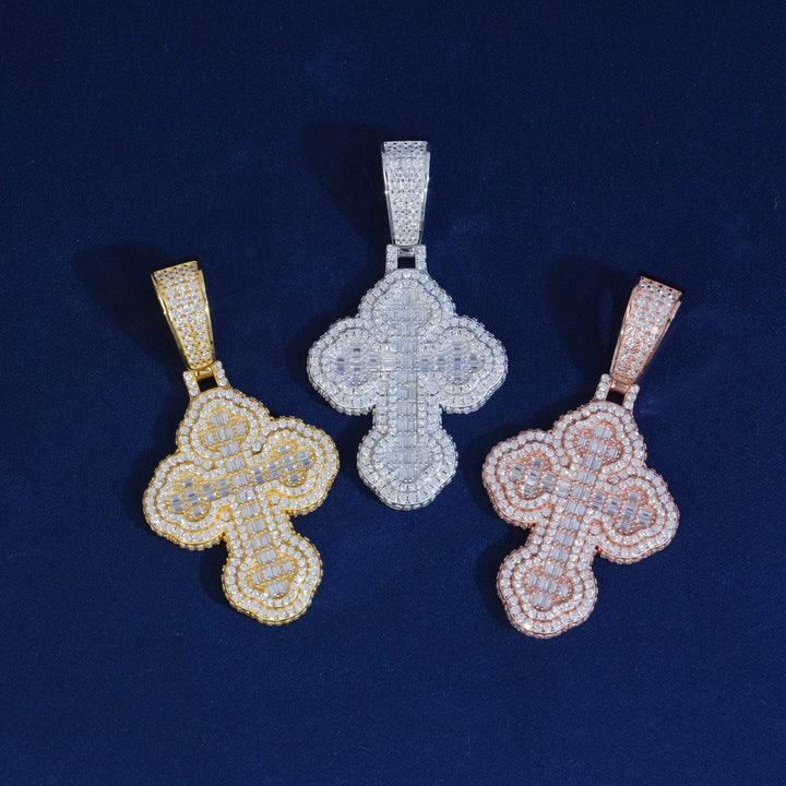 Bauguette Moissanite Emerald Cut Cross Pendant