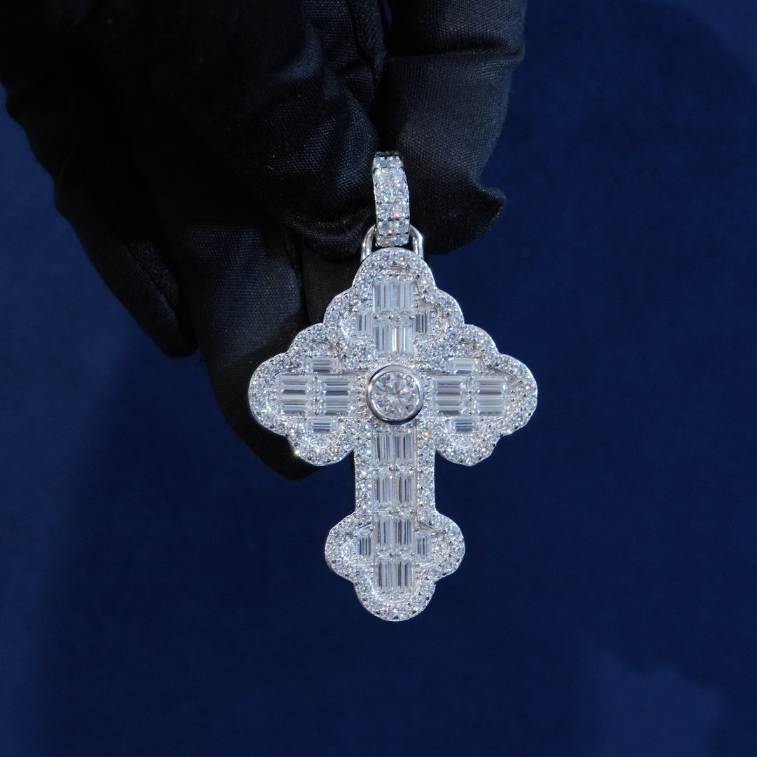 Moissanite Emerald Cut Bagutette Cross Pendant