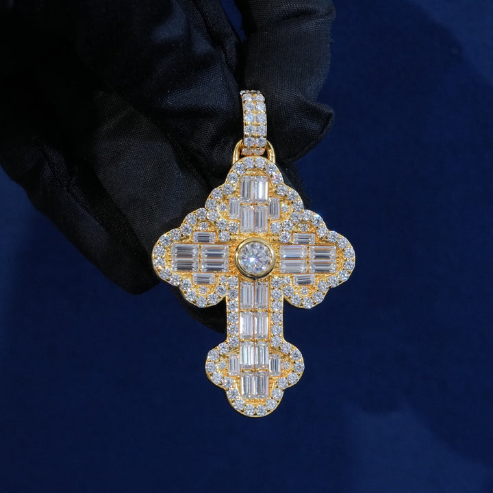 Moissanite Emerald Cut Bagutette Cross Pendant