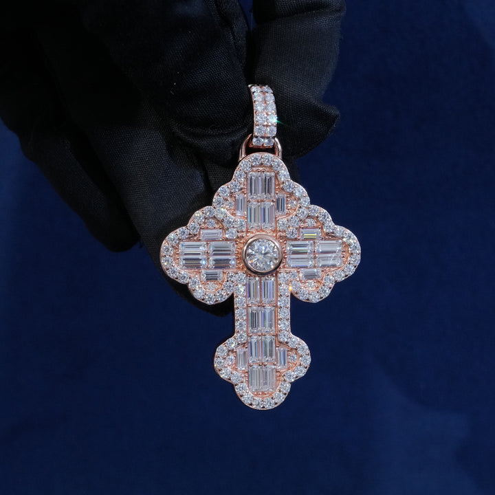 Moissanite Emerald Cut Bagutette Cross Pendant