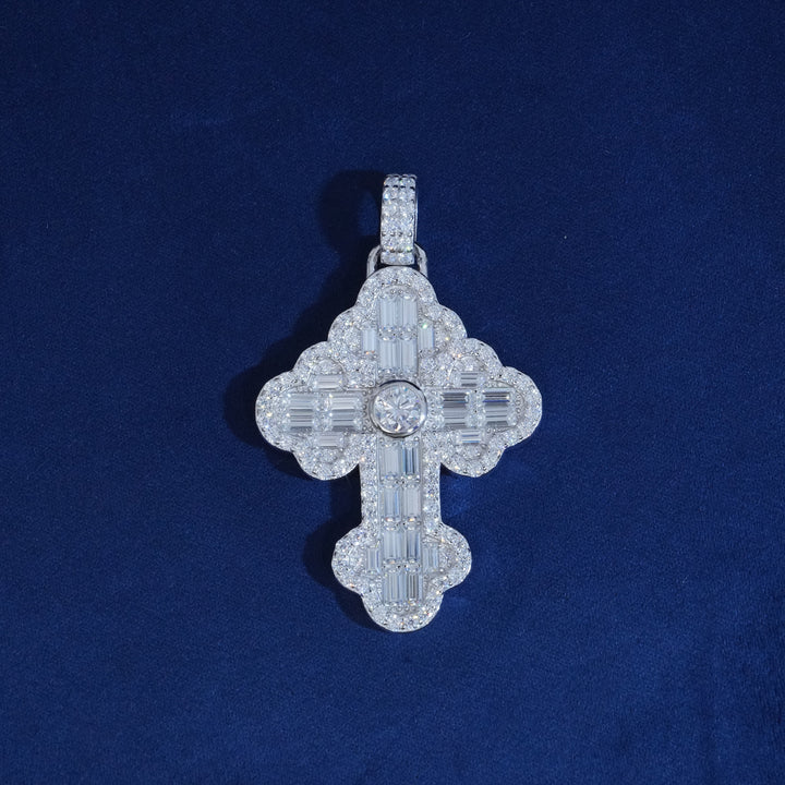 Moissanite Emerald Cut Bagutette Cross Pendant
