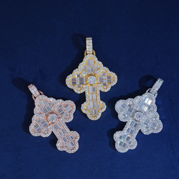 Moissanite Emerald Cut Bagutette Cross Pendant