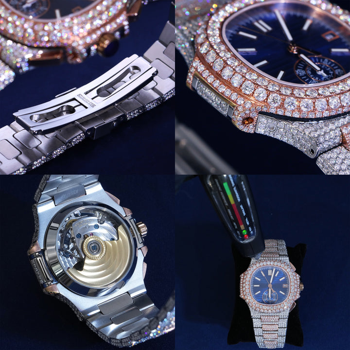Moissanite Two Tone Blue Dial Watch