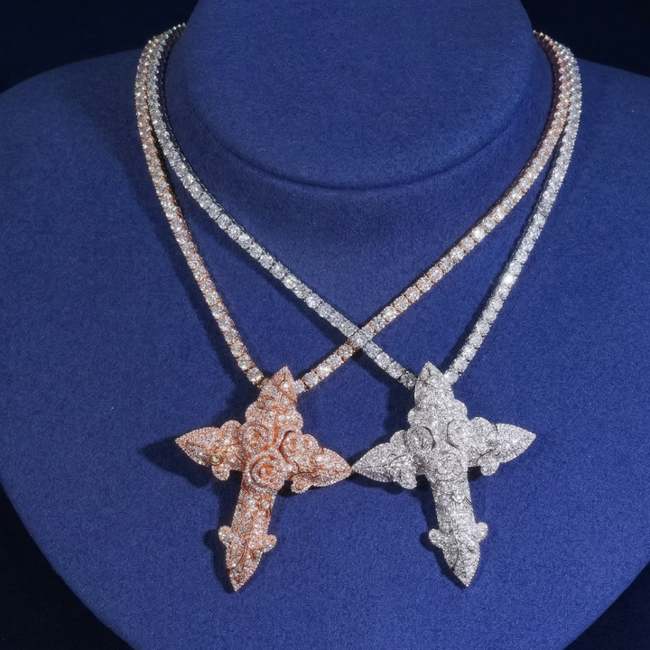 Moissanite Cross With Rose Flower Pendant
