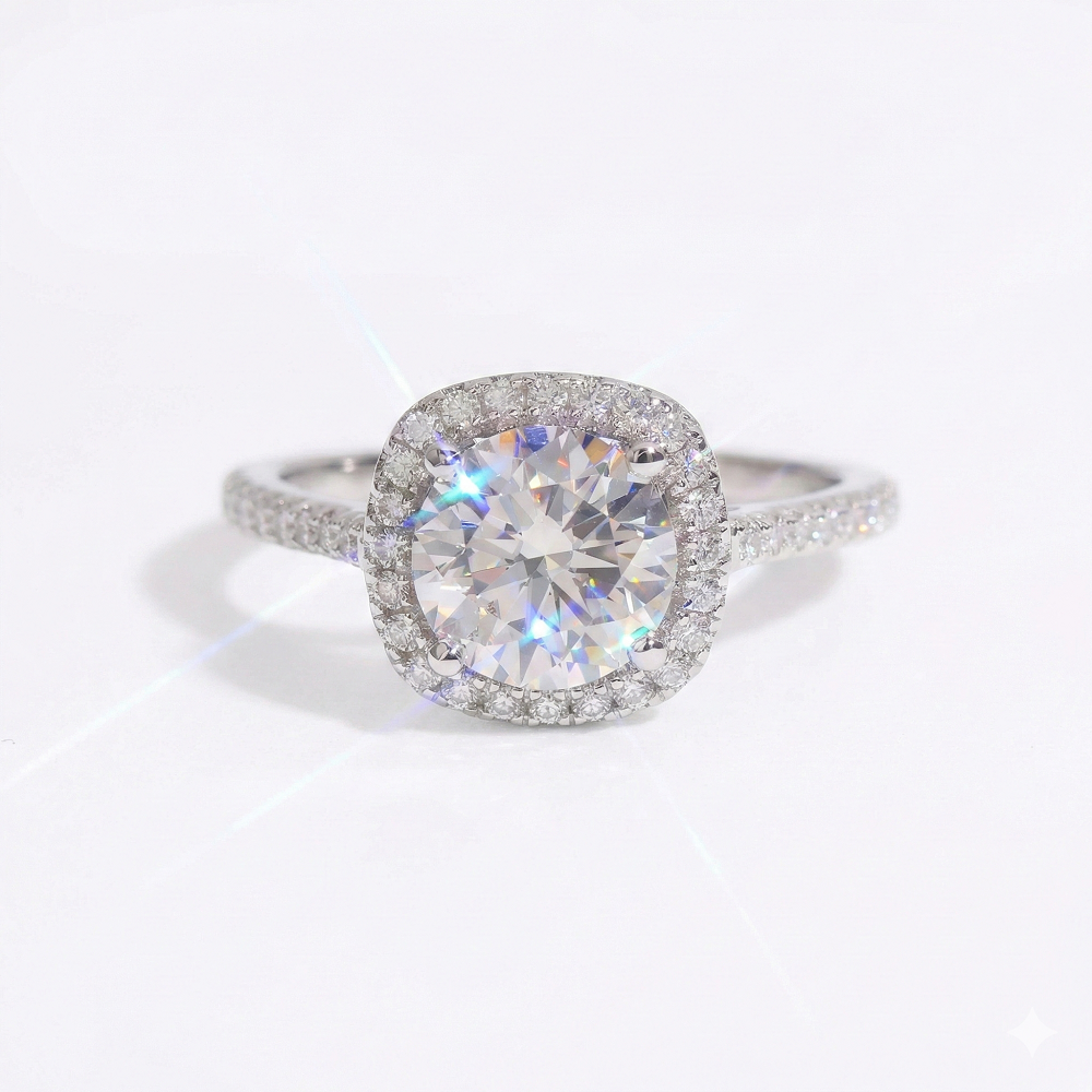 Adorned Cushion Halo Round Cut Moissanite Ring