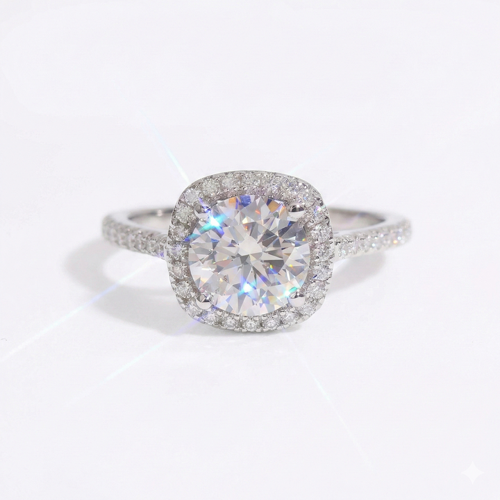 Adorned Cushion Halo Round Cut Moissanite Ring