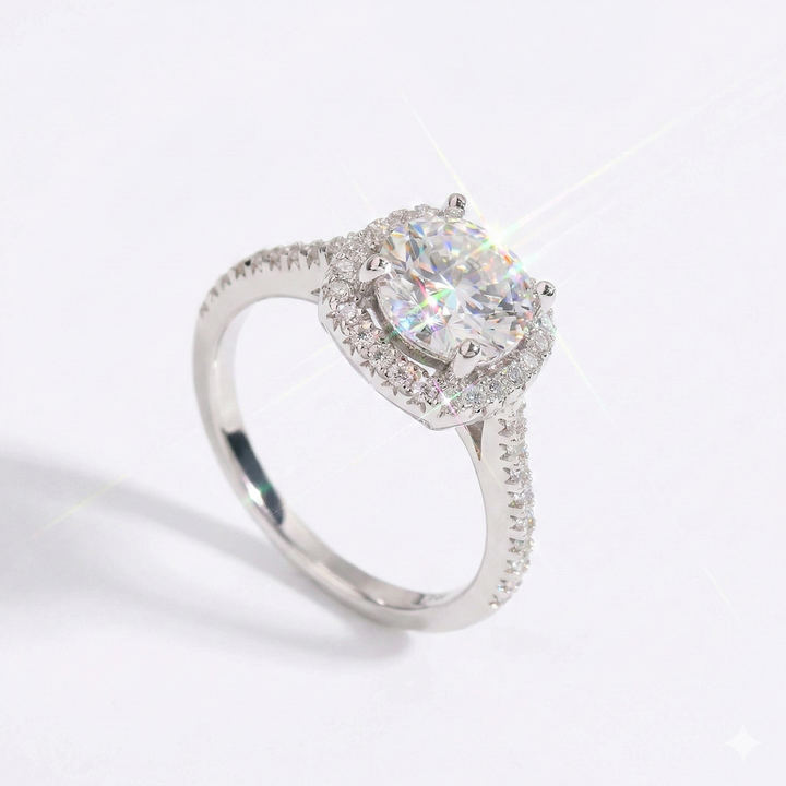 Adorned Cushion Halo Round Cut Moissanite Ring