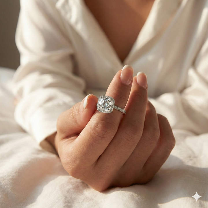 Adorned Cushion Halo Round Cut Moissanite Ring