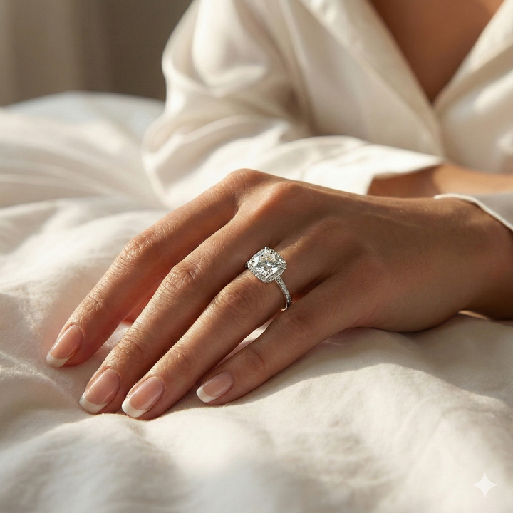 Adorned Cushion Halo Round Cut Moissanite Ring