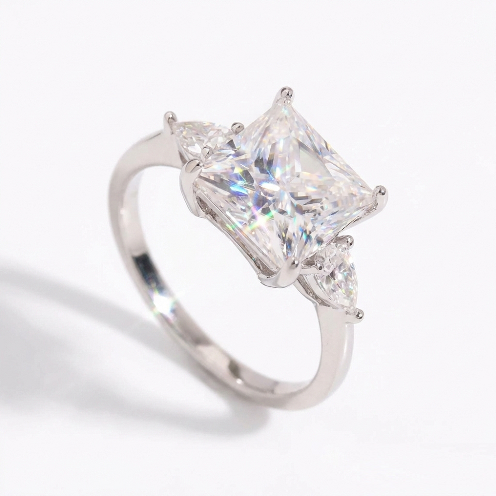 Princess Cut Moissanite Engagement Ring in Three Stone Setting