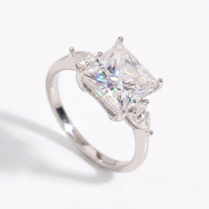 Princess Cut Moissanite Engagement Ring in Three Stone Setting