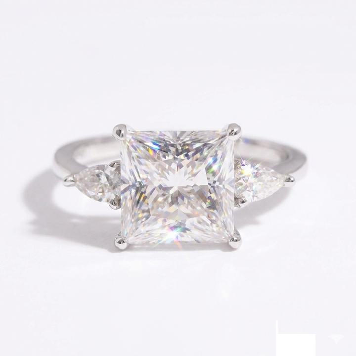 Princess Cut Moissanite Engagement Ring in Three Stone Setting