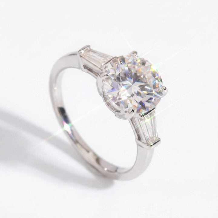 Round Cut Moissanite Engagement Ring in Three Stone Setting