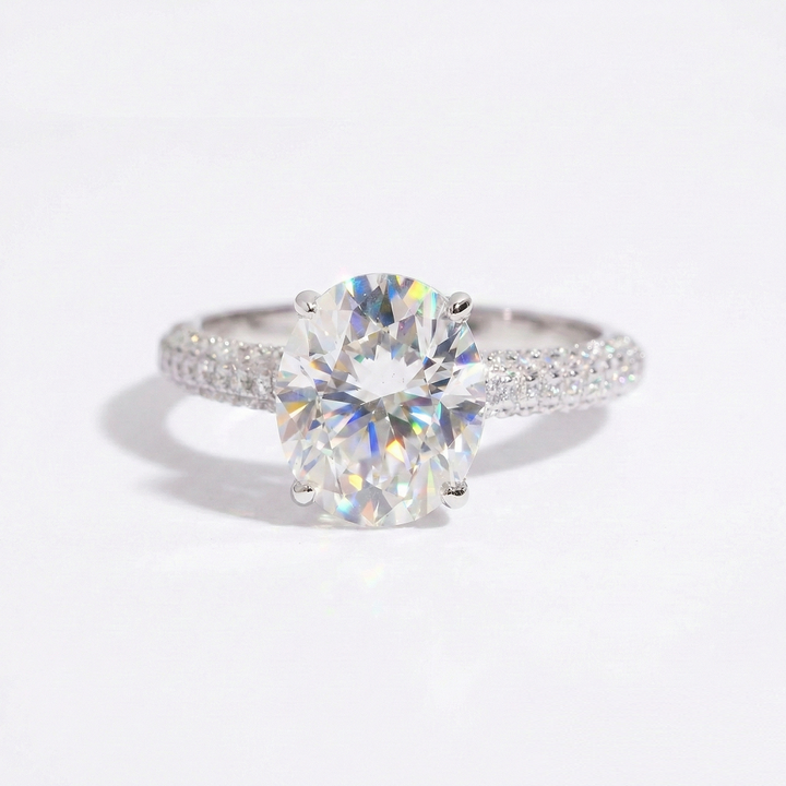 Oval Cut Moissanite Engagement Ring Micro-Pavé Band