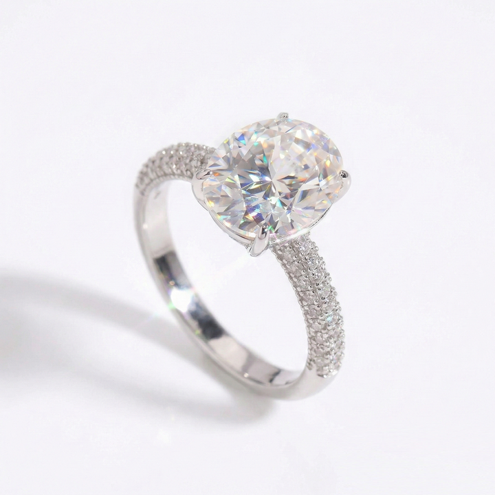 Oval Cut Moissanite Engagement Ring Micro-Pavé Band