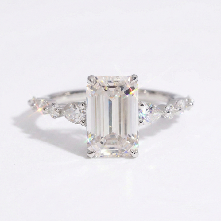 Emerald Cut Moissanite Engagement Ring with Side Stones