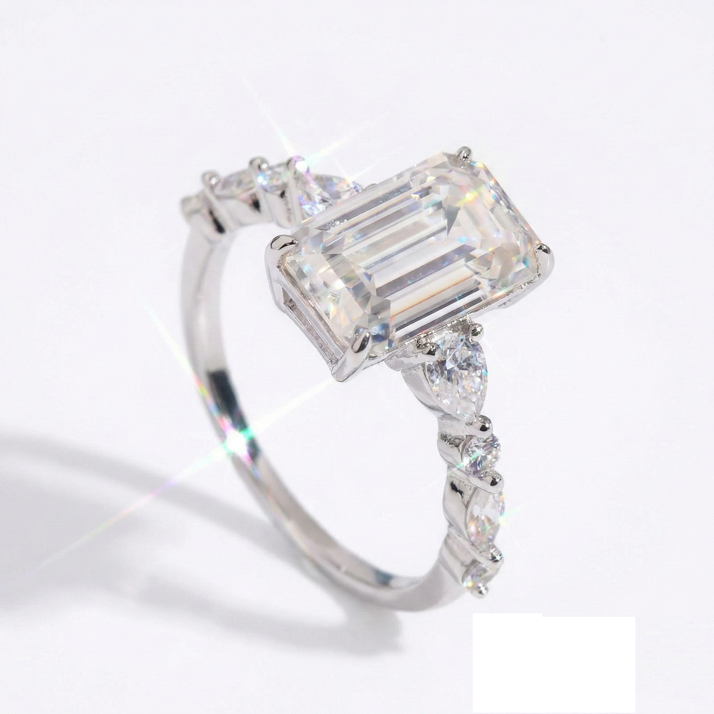 Emerald Cut Moissanite Engagement Ring with Side Stones