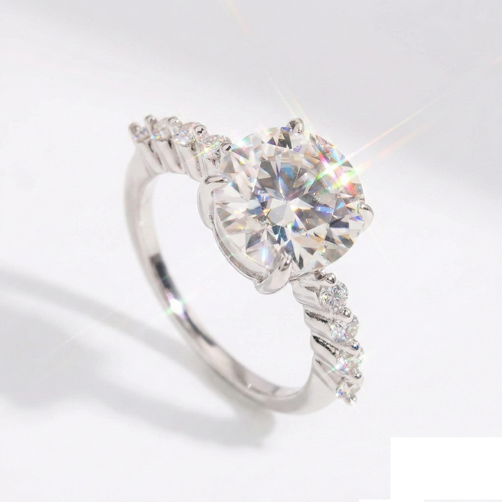 Round Cut Moissanite Engagement Ring with Pavé Band